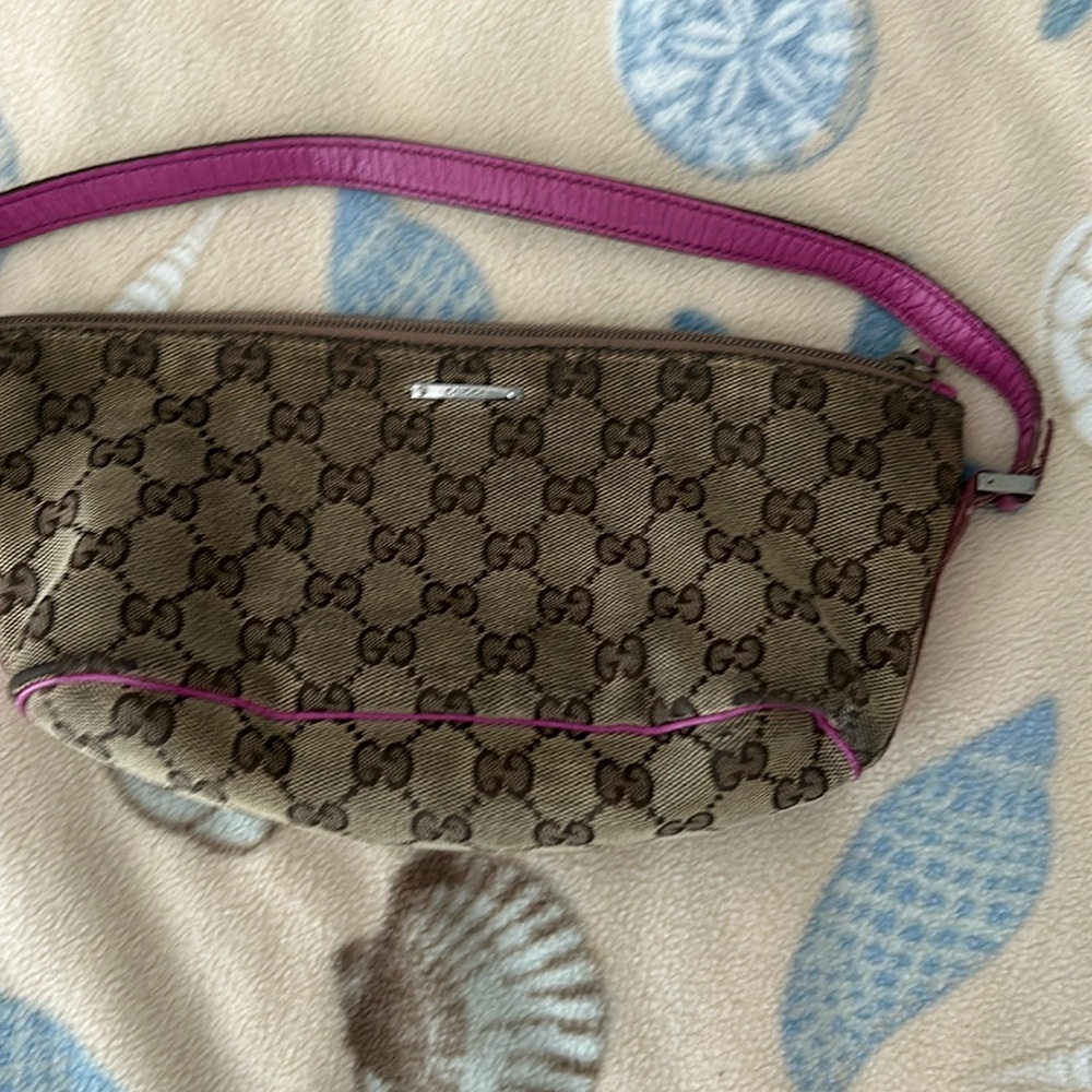 Gucci Brown Monogram Mini Bag with Pink Strap